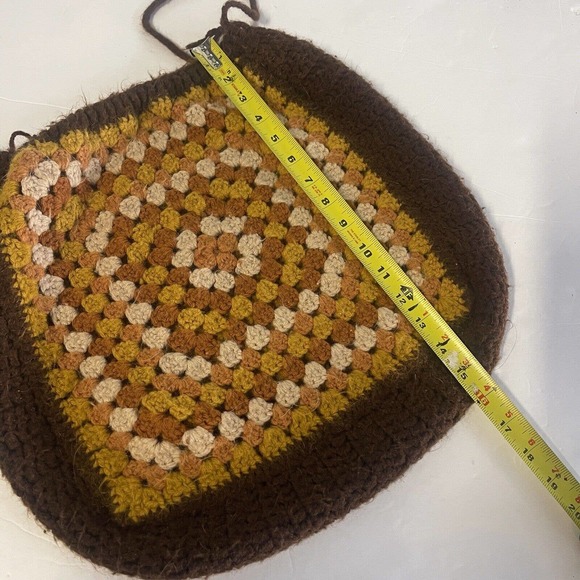Women's Vintage 70's Handmade Afghan Blanket Purse Brown Yellow Knit - Picture 8 of 9